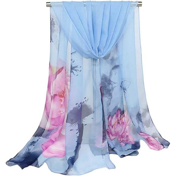 NEW Womens Beautiful Sheer Floral Pattern Scarf Super Soft and Silky BLUE/ PINK - Picture 2 of 2